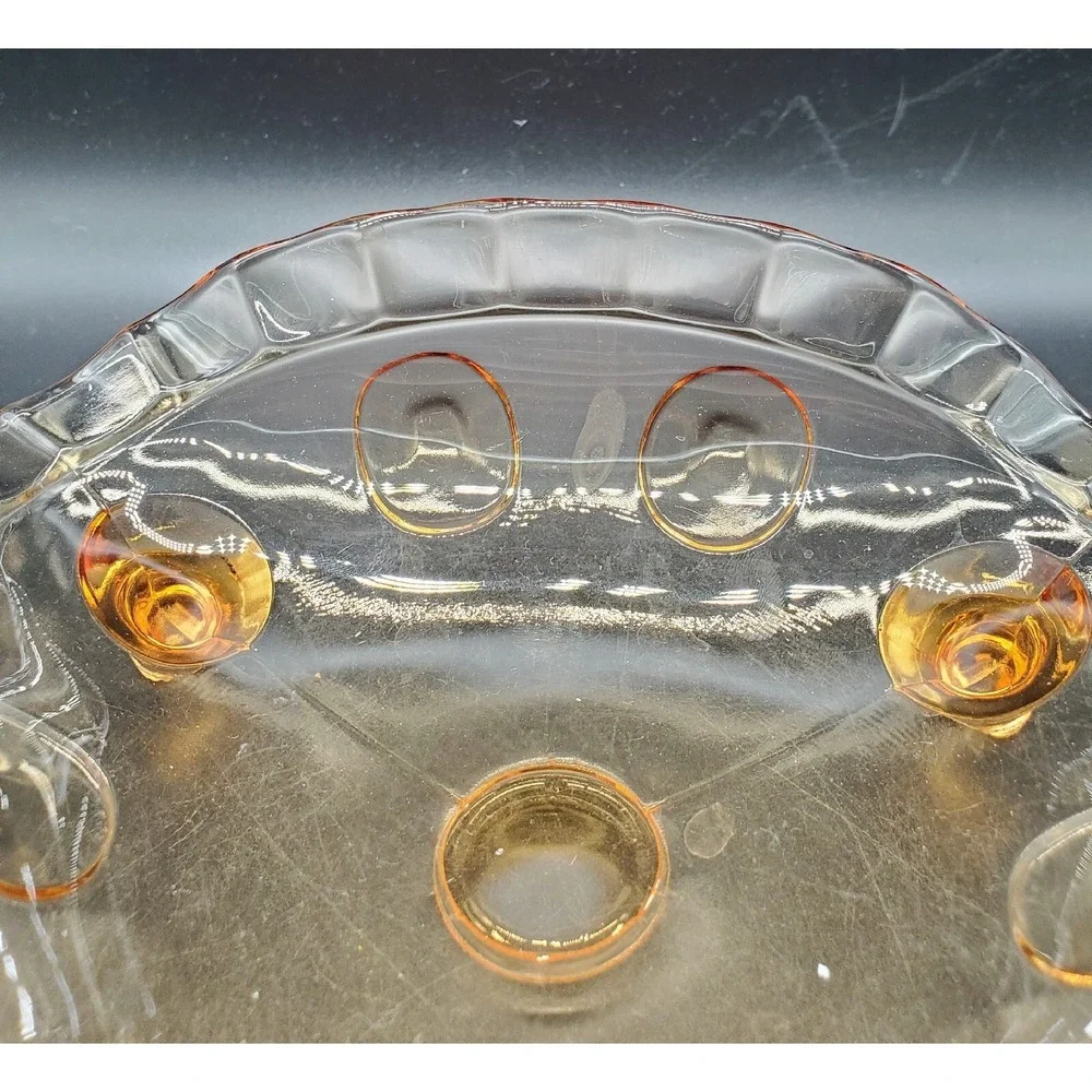 Vintage New Martinsville Glass Amber Thumbprint Footed Bowl Dish 7